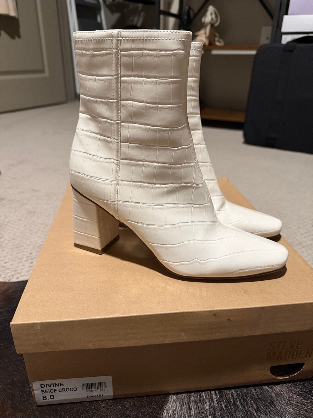 Steve Madden Beige Croc-Embossed Block Heel Ankle Boots